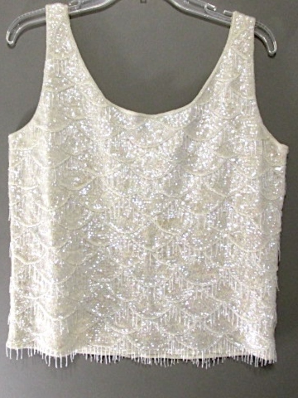 Vintage Ivory Knit Base Heavily Beaded & Sequined Tank Top, Size 12